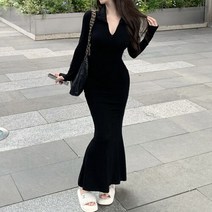 홍공장 봄 슬림 지퍼 롱 원스텝 피쉬테일 원피스