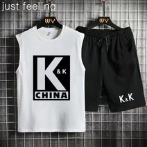 JUST FEEL!NG 빅사이즈 캐주얼 남성용 여름 민소매 티셔츠 나시티 + 5부 바지 트레이닝 상하의 세트