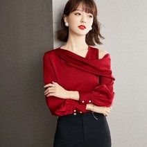 탑블라우스 프렌치 오프숄더 어깨트임 언발 초산 새틴 여성 2022 스타일리쉬 긴 소매 빨간색셔츠 봄 4165931526