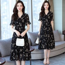 루즈핏 인형 칼라 블랙 플라워 미디스커트 프릴 소매 기질 쉬폰 원피스
