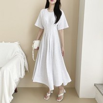 반팔ver 허리 핀턱 면 롱 원피스 3color