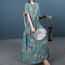 면과 린넨 롱스커트 원피스 발목까지 오는 고아들 고아들 고아들 고아들 고급스러운 여성복 레트로 큰 그네 로브 반팔 프린트 린넨 블루그레이(소량) M[제안진]