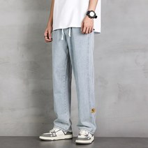 블랙진스트레이트 데님 바지남자 스트레이트핏 일자 와이드 루즈핏 드로스트링 9부 남자바지 트렌드 가을 4995908252
