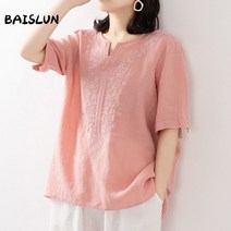 BAISLUN 봄여름신상 오버핏 루즈핏 5부 소매 자수 티셔츠 브이넥 빅사이즈