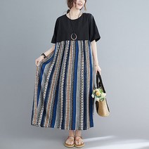 라엔 여성 여름 라운드넥 빅사이즈 반팔 스트라이프 롱 원피스