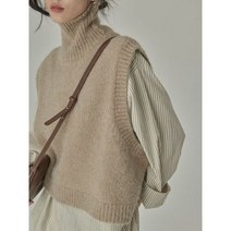 여성 니트 베스트 조끼 터틀넥 스웨터 민소매 나시 루즈핏 크롭