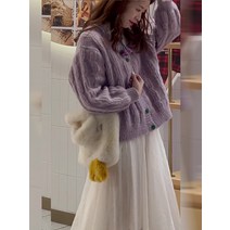 토란 퍼플 가디건 스웨터 위에 디자인 느낌 리본 니트 부드러운 바람 투피스 프렌치 원피스