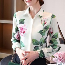 나루니 W04202 로즈 꽃그림 플라워 패턴 셔츠블라우스 스카프넥 여성블라우스 긴팔