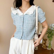 크롭 숏 프릴 빅카라넥 퍼프 트위드 블라우스