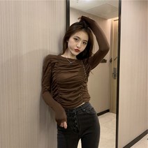 주름셔츠 숏맨투맨 여성 차오쿠 디자인감각 보이핏 볼륨 레쉬 상의 슬림핏 긴 소매 초 가을 2424542656, L 브라운55