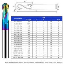YIFINO HRC55 2F 다채로운 코팅 텅스텐 스틸 카바이드 알루미늄 볼 엔드 밀링 커터 CNC 기계 가공 도구, 03 R1.0x4x4Dx50L