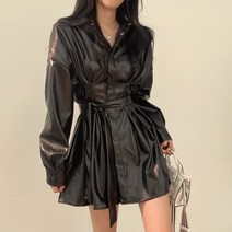 Makone 상표등록 빈티지 터틀넥 패션 스트랩 조거 원피스 캐주얼 PU가죽 셔츠 원피스 여XT