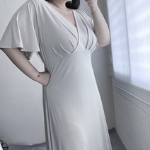 BEIGE 빅사이즈 여름 셔링 브이넥 오프숄더 하객룩 여신 롱원피스