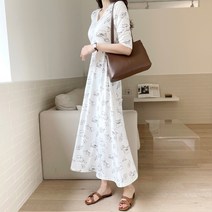 세이스타일 브라운꽃 V넥 소매 롱원피스