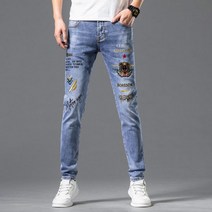 자수 스트레치 스판 남자 데일리 청바지 슬림 일자 워싱