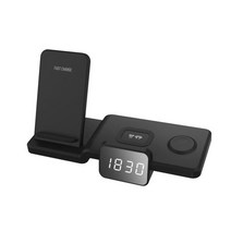 GHSHOP 무선 충전기 시계 4 in 1 10W Qi 무선 충전 스테이션 11 Pro/XS max/XR iWatch 시리즈 6/SE/5/4/3/2용 충전 패드, 22x15x10cm, 플라스틱, 검정