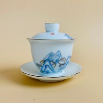 블루시스 뚜껑 산수화 찻잔 개완 개합잔 백자 다기세트 하늘골드 중국 130ml, 1개, 1개