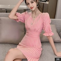 가바바 여성 원피스 스트라이프 버블 소매 하객룩 원피스 G51016