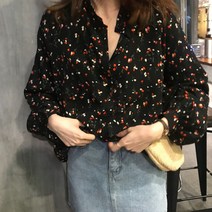 쉬폰 잔꽃무늬 블라우스 플라워 셔츠 아이보리/블랙 55 66 77사이즈 봄옷 여름 가을