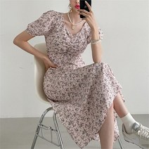 벨르 BELLE 플라워 퍼프 소매 스퀘어넥 A라인 반팔 롱원피스 (7030325)
