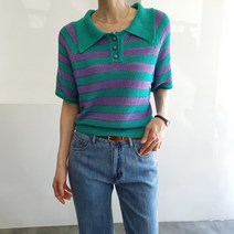 리즈와이 배색 단가라 스트라이프 카라넥 여름 반팔 니트 티셔츠 (3color)