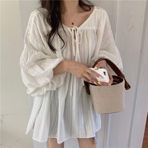에스닉 히피 드랍 퍼프 볼륨 소매 미니 여성 롱티셔츠 미니원피스