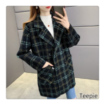티피/Teepie 격자 무늬 코트 여성용 짧은 모조 밍크 양털 새로운 느슨한 양복 모직 코트