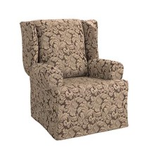 Surefit Scroll Damask Box Cushion Wing Chair One Piece Slipcover Relaxed Fit Cotton/Polyester Mac, 1