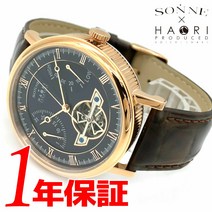 [20 일은 전품 포인트 5 배] [내일 락] SONNE 존네 HAORI 하오리 남성 자동 감기 시계 라운드 일상 생활 방수 캘린더 스켈레톤 백 오픈 하트 파워 리저브 가죽 벨트 핑크 골드 블랙 H024PG-BK