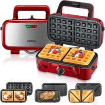 FOHERE 와플 메이커 3 in 1 샌드위치 파니니 프레스, Red