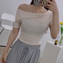 [1+1할인] 언발 트임 오프숄더 엘레 반팔 크롭티 3색