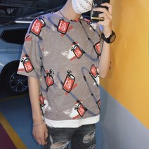 가바바 남성 반팔티 음료수 패턴 포인트 오버핏 라운드 반팔티 G32618