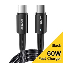 Essager 고속 충전 USB C타입 케이블 삼성 S2 샤오미 2 프로 레드미 노트 0 240W 5A, 03 60W Black_0 m
