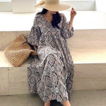 네모엔룩 여성용 에스닉나염롱 브이넥 벌룬소매 나염 패턴 롱 원피스