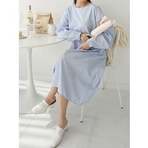 블루 스트라이프 라운드넥 긴팔 오버핏 롱 원피스