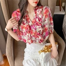 퐁순싸롱 브이넥 프릴 레이스 퍼프 꽃무늬 쉬폰 블라우스 YJ