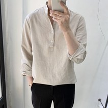 라운지21 루즈핏 반오픈 린넨 헨리넥 셔츠