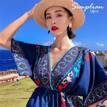 Haengbuk 쉬폰 에스닉 비치 롱 원피스 바캉스 드레스