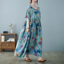 중년 여성 빅사이즈 여름 라운드 셔링 꽃무늬 반팔 롱 원피스 드레스 홈웨어 홈드레스 휴양지 엄마옷 미시옷 마담옷 아줌마옷 할머니옷