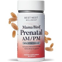 Mama Bird AM/PM 산전 비타민 메틸엽산엽산 콜린 천연 전체 식품 올가닉 허브 혼합물 비건 매일 2회 60 Ct. 보너스 건강한 임신 비밀 포함 가치 59.95, [03] AM/PM 산전 60 카운트