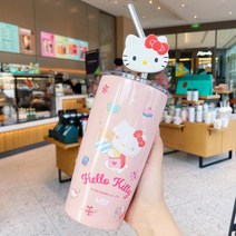다나에 대용량 텀블러 시나모롤 쿠로미 마이멜로디 빨대 텀블러 물병 보온병 600ml, 헬로키티 빨대 텀블러