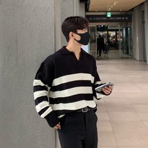 아우르 V넥 니트 스웨터 봄 가을 스트라이프 이동휘