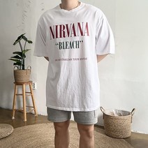 남자 너바나 블리츠 프린팅 흰색 레이어드 라운드 반팔 티셔츠 2컬러