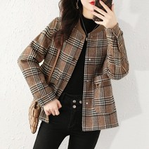 오버클래쓰 여성 캐주얼 자켓 라운드넥 체크 루즈핏 블루종 크롭