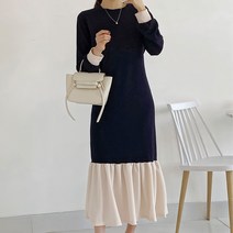 퍼니걸스 배색 플레어 라운드 롱 원피스 여성의류_3502