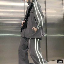 가바바 여성 긴팔 트레이닝복 오버핏 캐주얼 스포츠 반사 스트립 자수 레터링 트레이닝복 세트 G59297