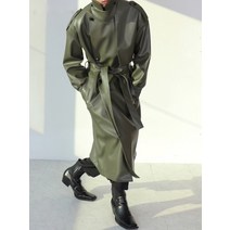 남성 봄 가을 롱 박시핏 ArmyGreen 블랙 인조 가죽 트렌치 코트