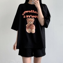 러브앤시티 여성 플라워 곰돌이 트레이닝세트 반바지세트 빅사이즈 오버핏 티셔츠