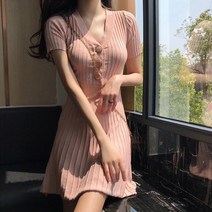가슴 버튼 반팔 미디 원피스