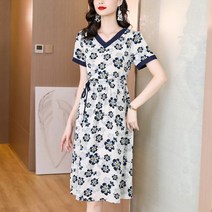 키작녀 원피스 키작은 여자 반팔 v 넥 여성 여름 허리 미디 스커트